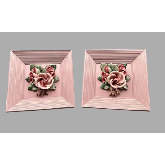 VTG Set/ 2 Porcelain Pink Rose Bouquet 3D Art Shadow Box Wood Framed - Rare Find - Picture 1 of 15